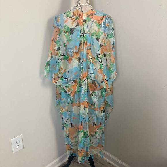 Women’s Skyblue Orange Green Floral Duster Sheer Chiffon Coverup Tassles - Picture 3 of 6